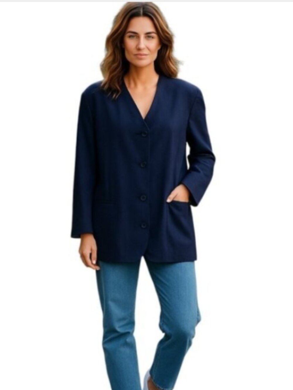 CALVIN KLEIN Size 14 Navy Blazer 100% Wool Shoulder Pads Vintage 80s USA made